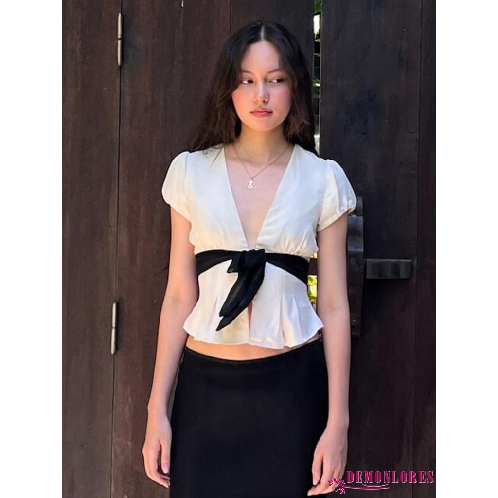 เสื้อเชิ๊ตผ้าบางสูทสำหรับผู้หญิง สไตล์เรียบหรู มีโบว์ด้านหน้าและปกแบบ V ลึก - รูปที่ 2