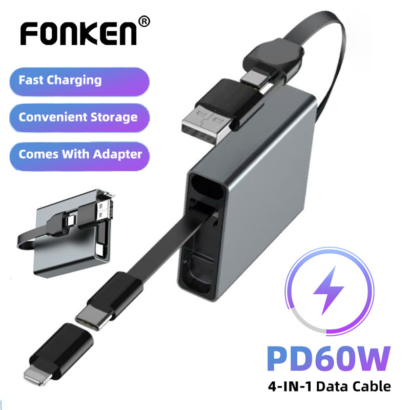 Fonken PD60W 4-in-1 สายชาร์จแบบพับเก็บได้ USB/Type C ถึง Type-C/iOS สายเคเบิลข้อมูลสําหรับโทรศัพท์