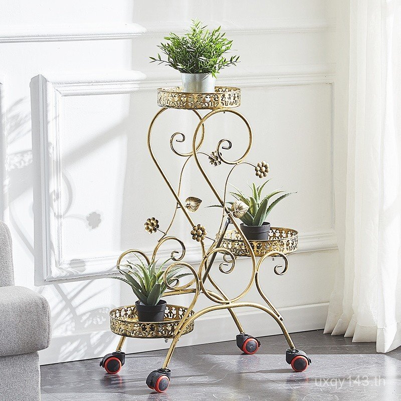 เคลื่อนย้ายได้ A8L9U Multi-Layer Iron Art ล้อชั้นวางห้องนั่งเล่นชั้นขาตั้งกระถางดอกไม้ Chlorophytum 