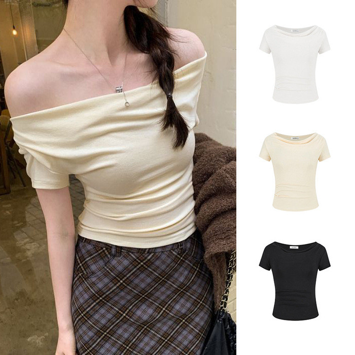 Hot Girl One-Line คอ Slim-Fit เสื้อยืดแขนสั้นผู้หญิงฤดูร้อนด้านหน้าไหล่ Bottoming เสื้อผู้หญิงอินเทร