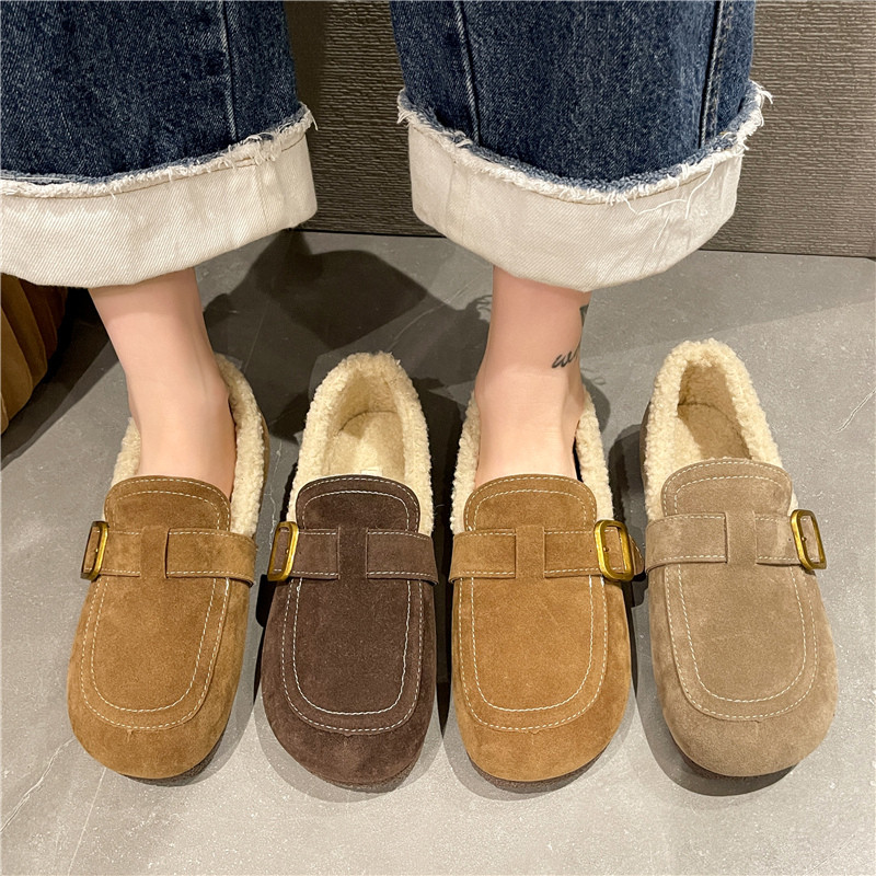 Flat Plush Shoes Brushed Shoes One-Pedal Peas Shoes Warm Fairy Shoes [S1219] Niche Autumn Winter Buc