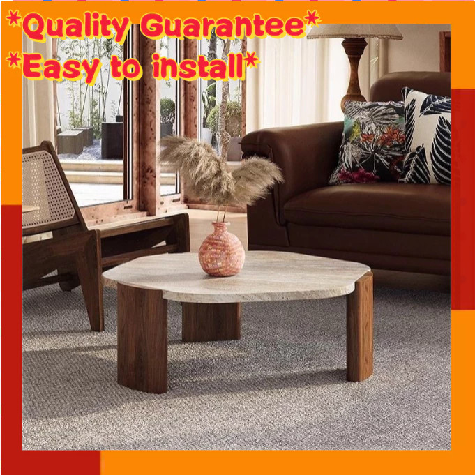 Simple tea table small household silent style solid wood travertine tea table hexagonal balcony marb