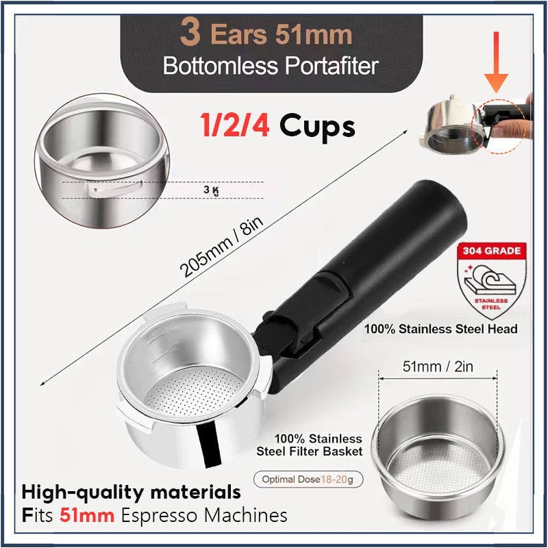 ☕☕☕สินค้าพร้อมส่ง✔ อุปกรณ์ด้ามชงกาแฟ Bottomless Portafilter stainless 304 ขนาด 51มม 18-20กรัม (พร้อมส่งทันที)