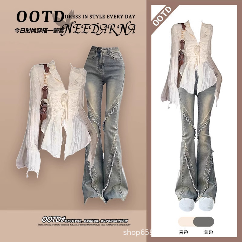 ฤดูใบไม้ผลิชุดผู้หญิง 2025 สไตล์ใหม่เกาหลีรุ่นแฟชั่น Slim-fit เสื้อ All-match Slimmer ดู Micro- Flar