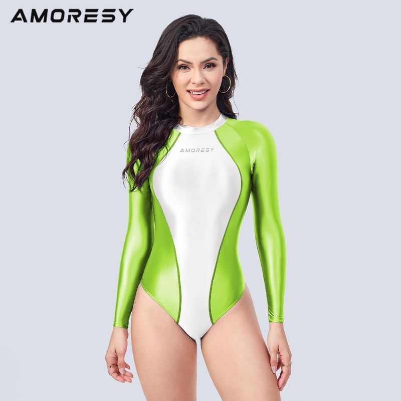 AMORESY Lyrenza ชุดว่ายน้ําแข่งขันผ้าสแปนเด็กซ์แขนยาวสีจับคู่