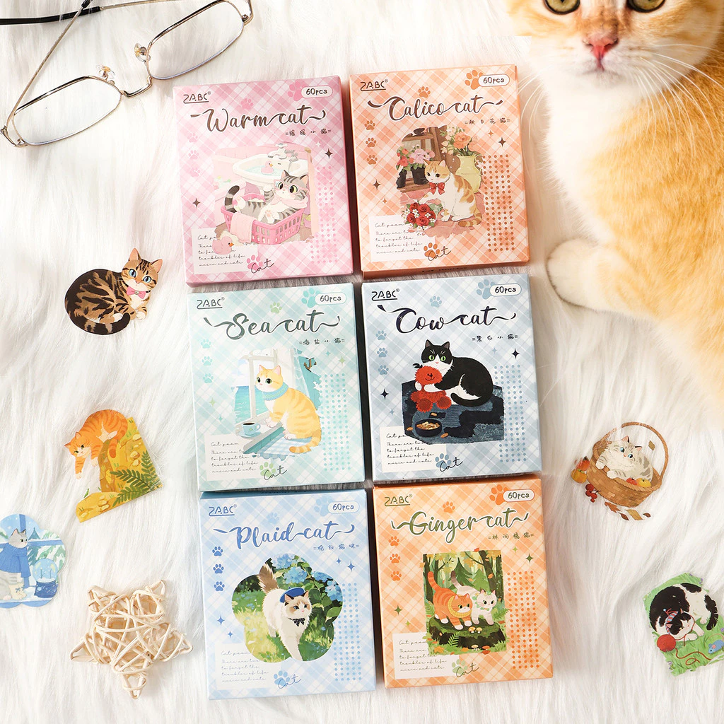 Journamm 60 ชิ้น/กล่องแมวน่ารักสติกเกอร์สําหรับ Scrapbooking Junk Journaling Planners กระเป๋าเดินทางไดอารี่โน้ตบุ๊คอัลบั้ม