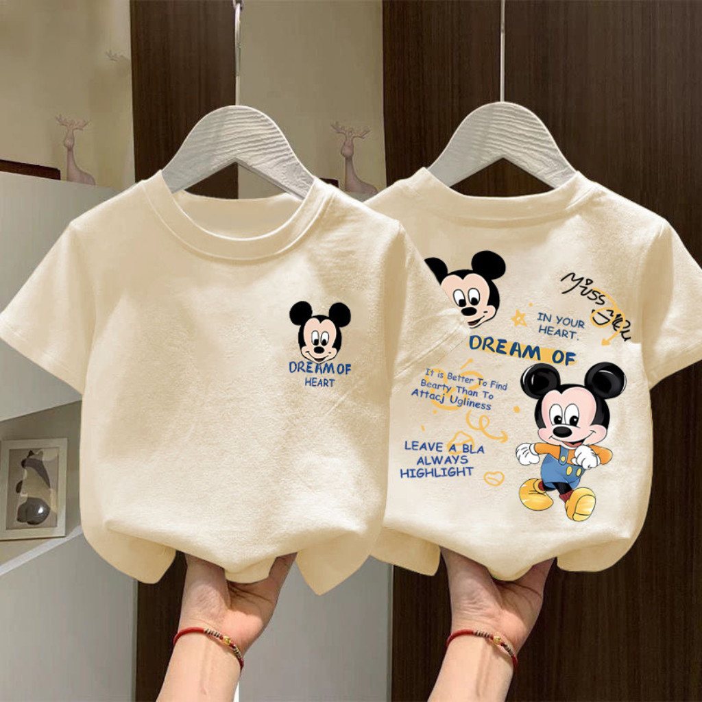 เสื้อยืดแขนสั้นพิมพ์ลายตัวอักษรมิกกี้เมาส์สำหรับฤดูร้อน สำหรับเด็กชายและเด็กหญิง เนื้อผ้าใส่สบาย ทันสมัย ​​และน่ารัก
