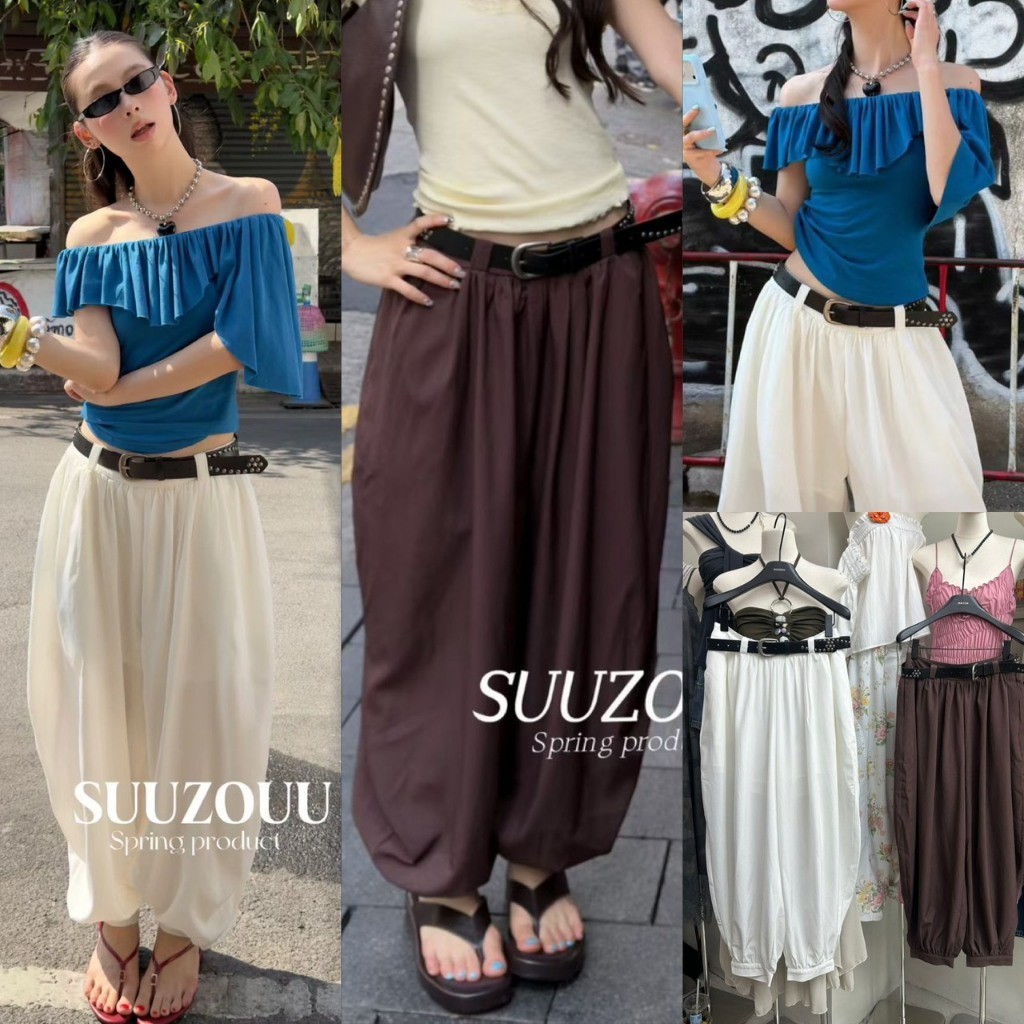 ❤ 🧵 🇰🇷 SU182 กางเกงขายาว ทรงพองด้านข้าง ปลายขาเย็บขอบ มาพร้อมเข็มขัด ผ้าดีทรงสวยใส่สบาย แฟชั่นเกาหลี TAG MM Fish 🧡