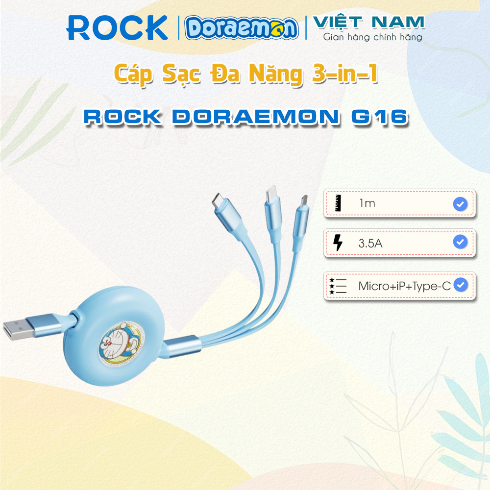 ROCK Doraemon G16 3-in-1 USB to M+L+C 3.5A สายชาร์จมัลติฟังก์ชั่น (1 ม., 480Mbps)