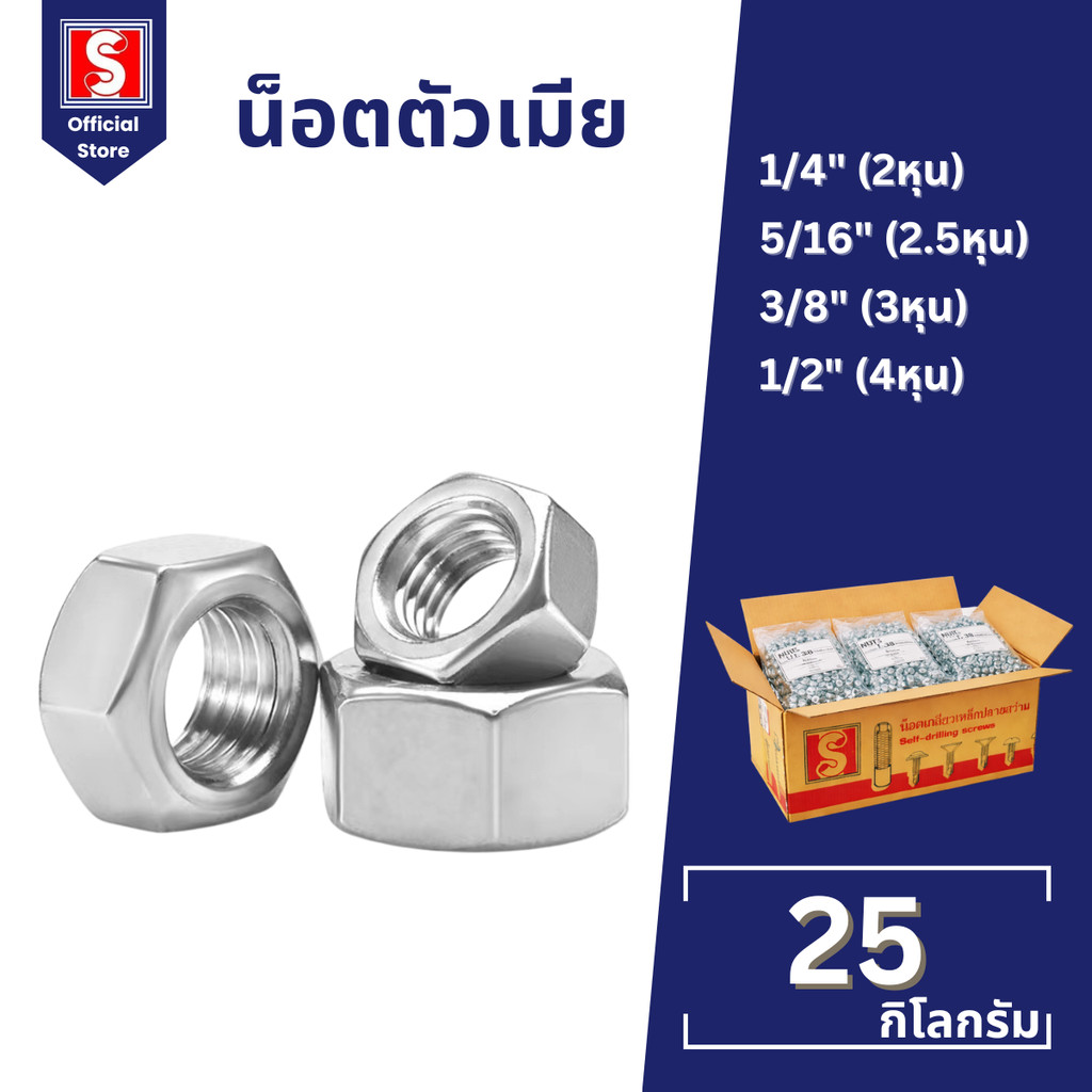IEPERNG หัวน็อต ตัวเมีย หกเหลี่ยม สแตนเลส 304 เกลียวมิล 25kg M3 M4 M5 Nut Stainless Steel