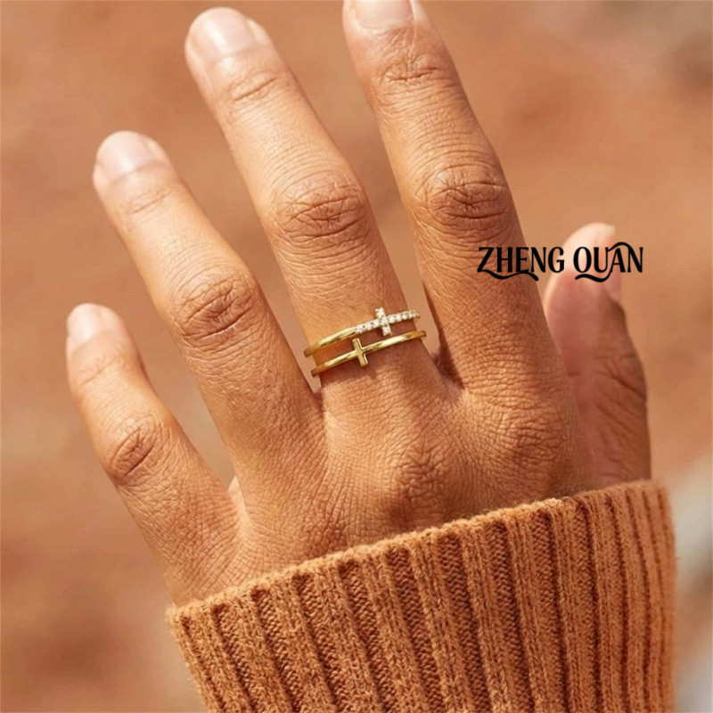 Cubic Zirconia & Gold CopperTrendy Double Layer Cross Ring Stacked Illusion Openwork Pave CZ Wide Band ราคา ถูกที่สุด ดีลบีเคเค แกลเลอรีภาพที่ 4