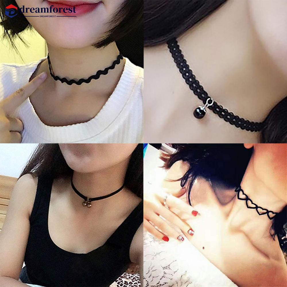 DFS สร้อยคอมุกปักลายลูกไม้สีดำสไตล์ปังค์วินเทจสำหรับผู้หญิง
