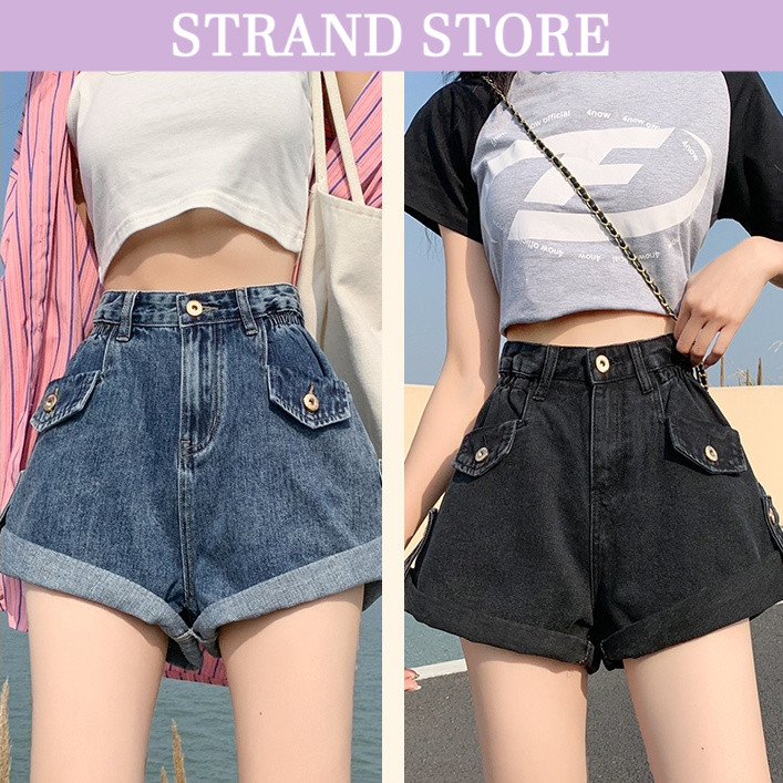 STRAND💜 กางเกงขาสั้นผ้าเดนิมเอวสูง สีดำ สียีนส์ XV74