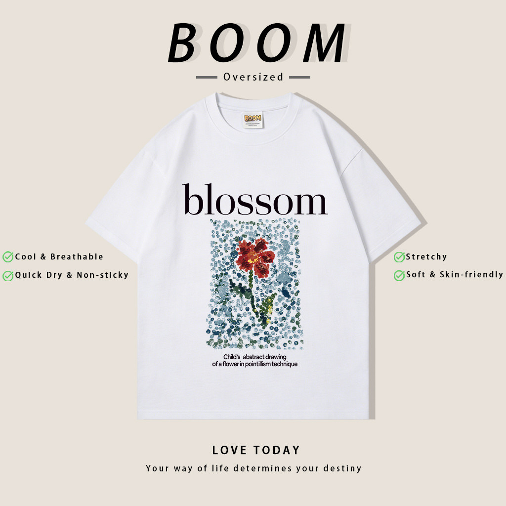 BOOM ฤดูร้อน เสื้อยืดสั้นแขน สไตล์เกาหลี Oversize ลาย Blossom ผ้ายืดคุณภาพ ระบายอากาศดี (เงินสดปลายทาง)
