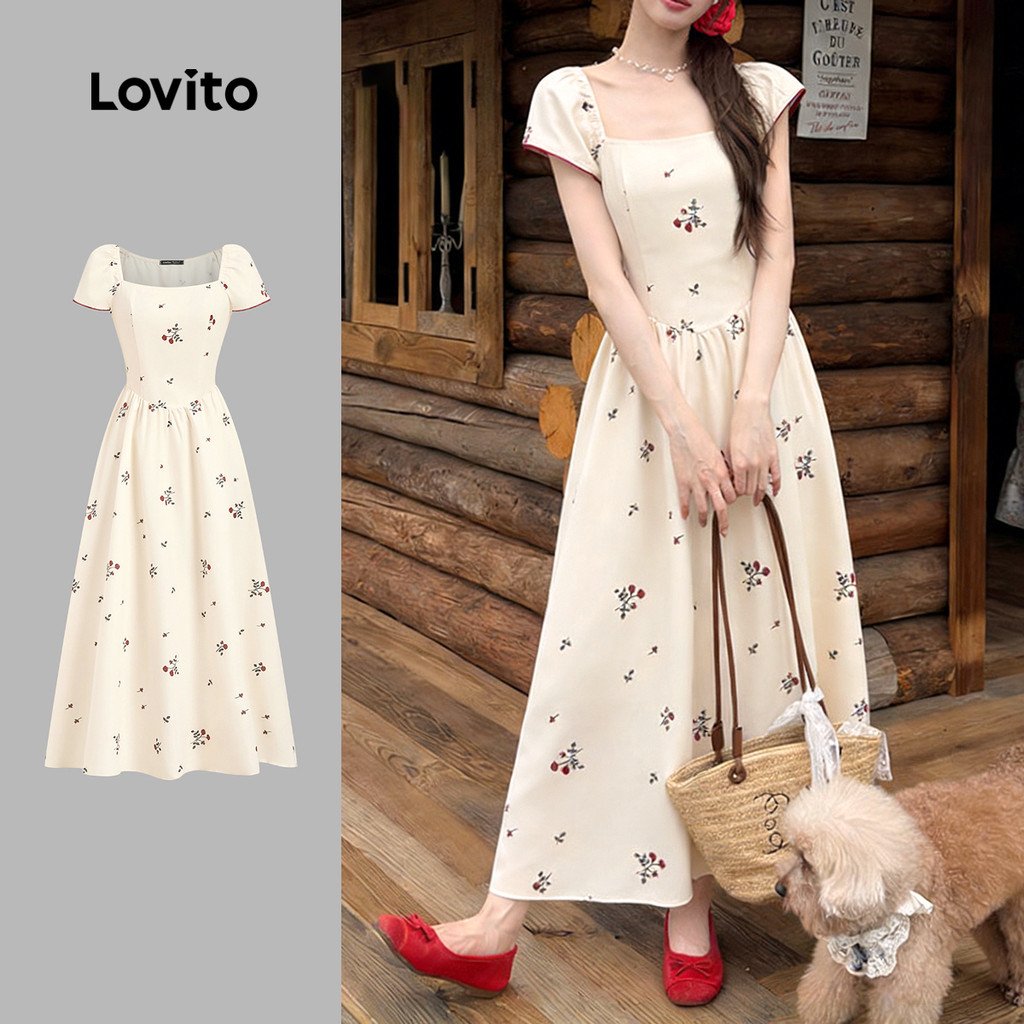 Lovito เดรสผู้หญิงลายดอกไม้ ผูกคอ รูดข้าง เอวสม็อค ชายระบาย สไตล์ลําลองสําหรับฤดูใบไม้ผลิ/ฤดูร้อน L185AD115