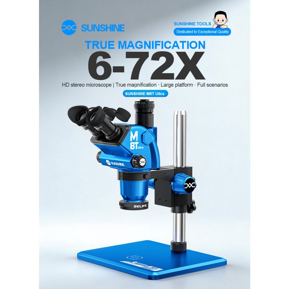 SUNSHINE M8T กล้องจุลทรรศน์สเตอริโอ trinocular, กําลังขยายจริง 6-72X, กล้องจุลทรรศน์ซ่อมบัดกรีเมนบอร