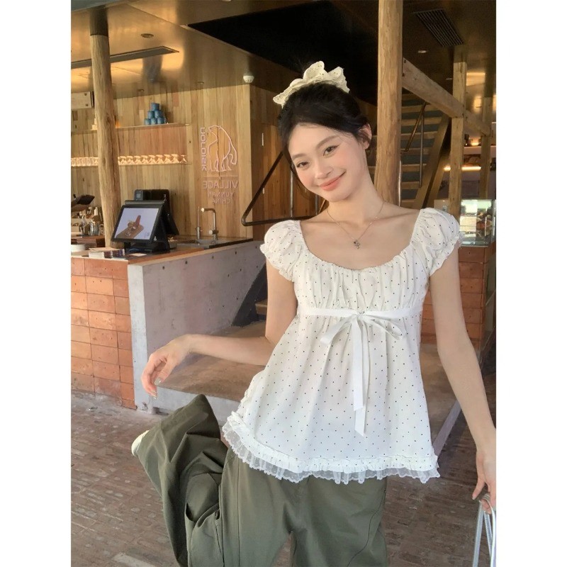LINNA~Xเวอร์ชั่นเกาหลี คอกลม ผูกขึ้น เสื้อแขนสั้น เสื้อเชิ้ต รุ่นใหม่ สไตล์หวาน1
