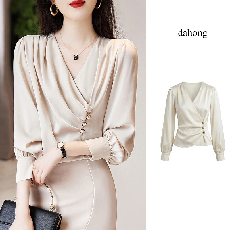 Dahong W713 เสื้อเชิ้ตซาติน แขนยาว เบาสบาย ใส่ทำงาน ลุคเรียบหรู ดีเทลกระดุม คอวี เอวเข้ารูป มีเลเยอร์
