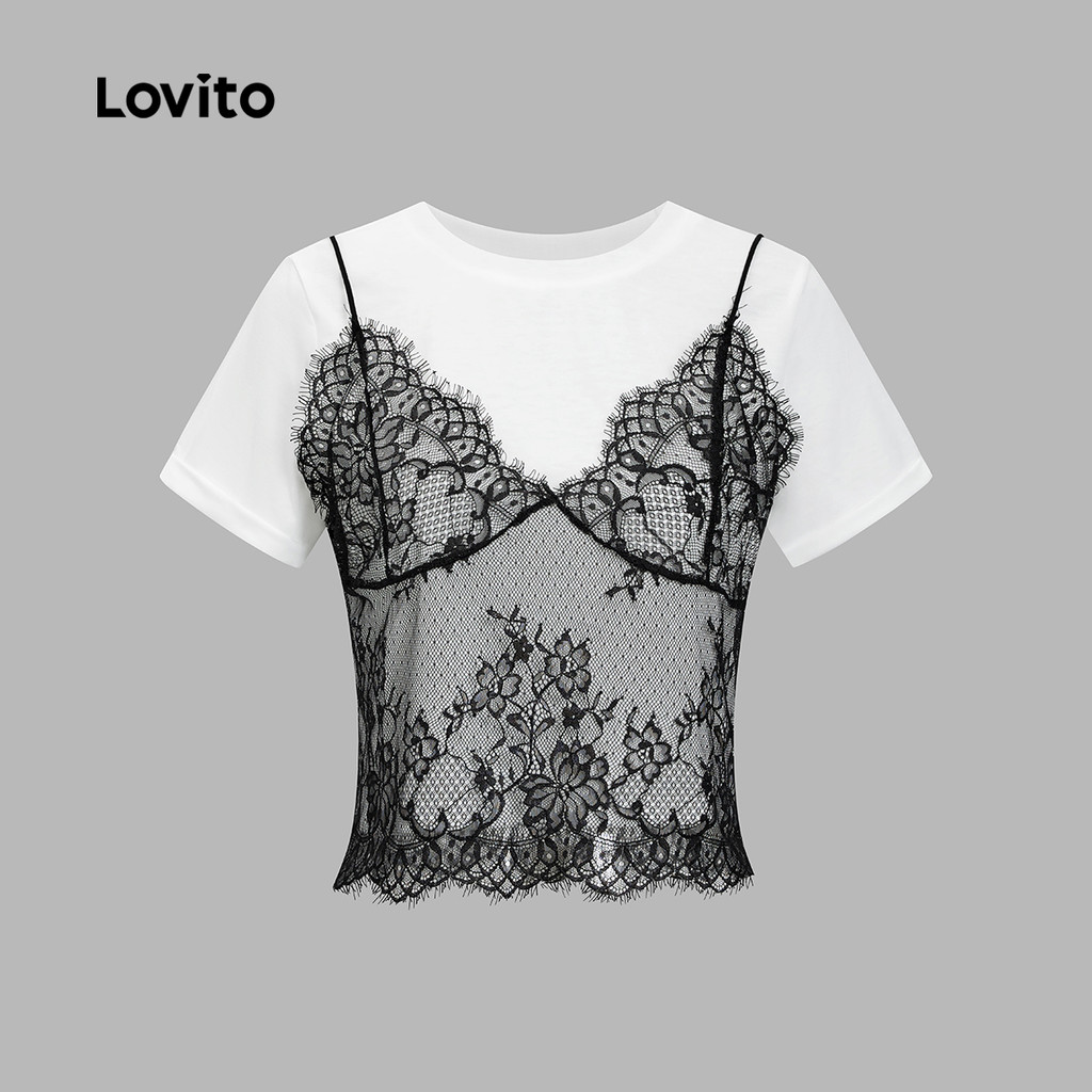 Lovito  เสื้อยืดผู้หญิง ลูกไม้ ผ้าเย็บต่อ สีพื้น  สไตล์หรูหรา L106AD114