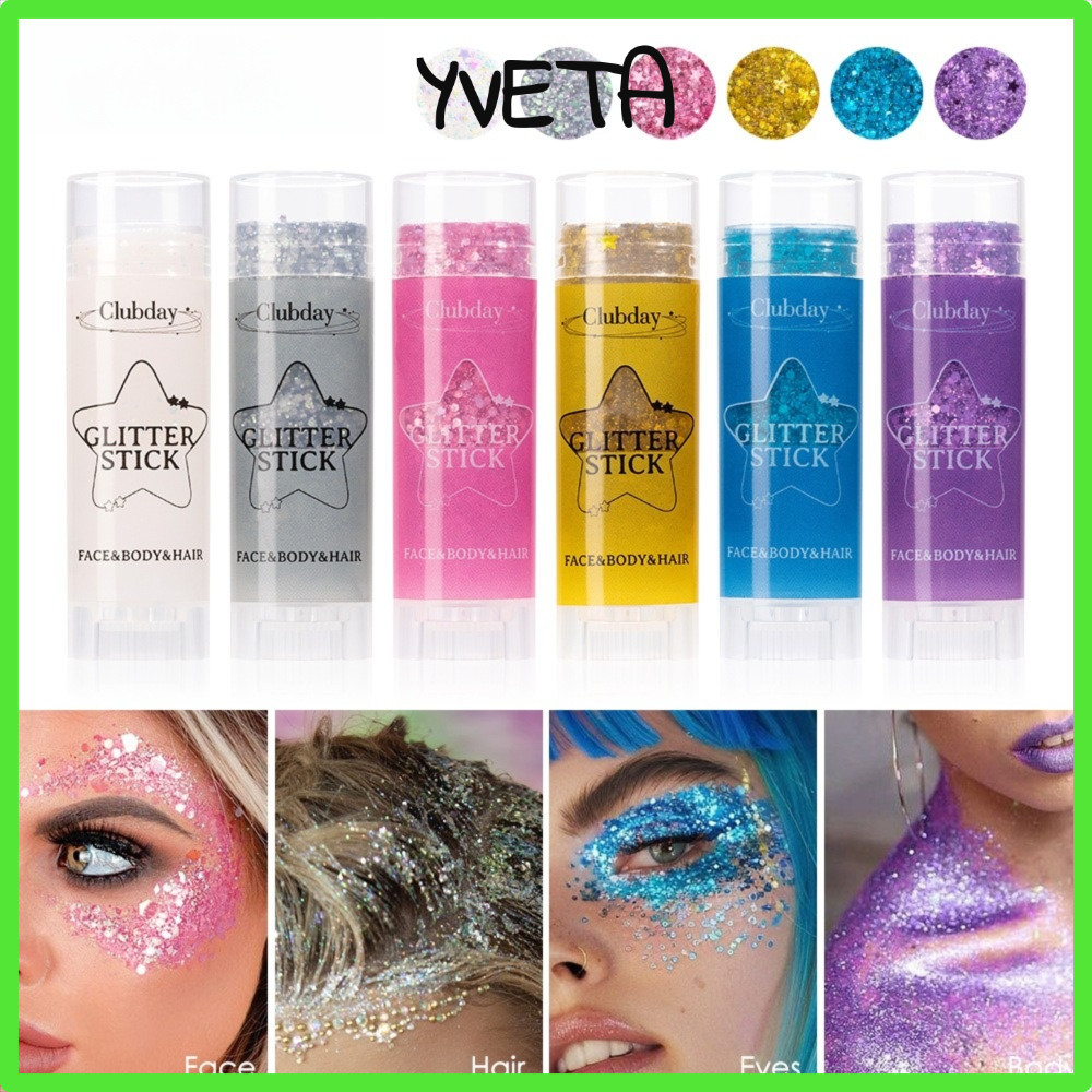 YVETA Glitter Cream, 6 สีแบบพกพาเลื่อม Glitter Stick, Body Paint Glitter Sticks Cheek Gel Stick สําห