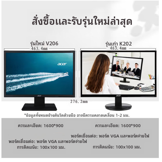 Acer/เอเซอร์ V206HQL/K202HQL 19.5นิ้ว VGA อินเตอร์เฟซ แหล่งจ่ายไฟในตัว TN แผงควบคุม