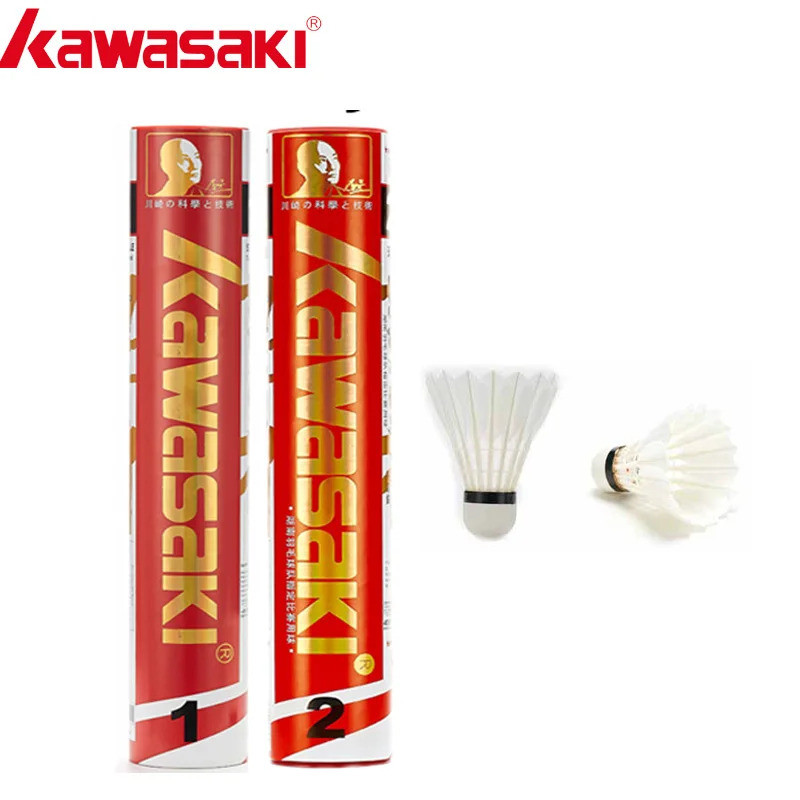 เซ็ตอุปกรณ์แบดมินตัน Kawasaki 12 ชิ้น ประกอบด้วยขนห่านและลูกแบดมินตันความเร็ว 76-77 สีขาวสำหรับทีม 2