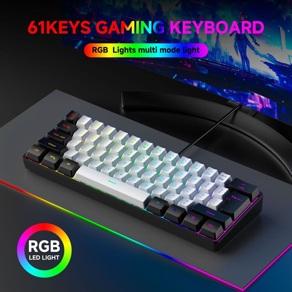 61-Key RGB Game Wired Keyboard Mouse Set Colourful MINI Non-Mechanical Film Black White Computer Key