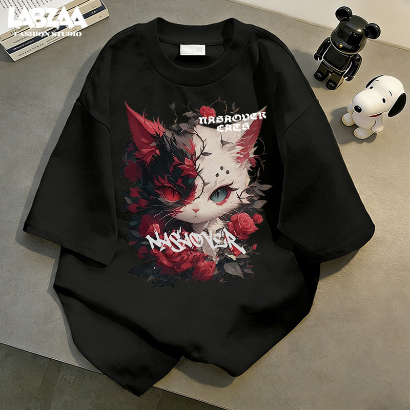 【จัดส่งจากกรุงเทพฯ】LABZAA ลำลองแมทช์ลุคง่าย เสื้อยืดทรงหลวม ลายพิมพ์แมวน่ารัก ผ้าหนายับยากรีดง่าย ผ้าฝ้าย 100% YG2693