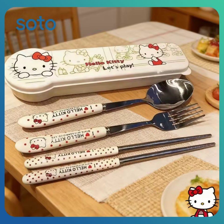 ♫ ชุดช้อนส้อมสแตนเลส Hello Kitty ลายการ์ตูนน่ารัก พกพาสะดวก เหมาะสำหรับเด็ก ของขวัญ
