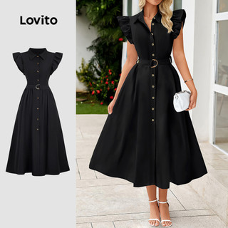 Lovito Vestido Preto Elegante com Cinto e Botões Na Frente Vestido de Primavera/verão para mulheres L34LD142