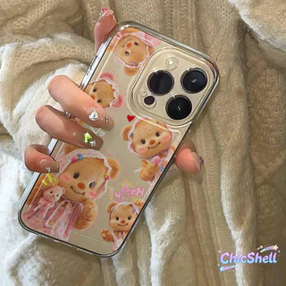 เคสไอโฟน หมวกสีชมพู หมีเนย เคสใส กันกล้อง cho iPhone 11 12 13 14 15 16 ProMax X XR XS Max 7 8Plus-CL