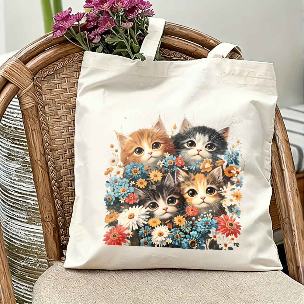 Cute Kitten Tabby Print Canvas Tote Bag กระเป๋าสะพายความจุขนาดใหญ่หลากสี F
