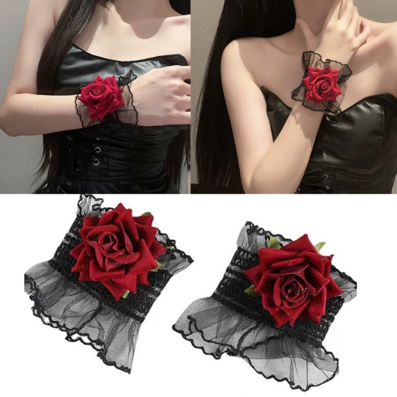 Xiangbao Lolitas Rose Lace Gloves Ruffle Sleeves Short Fingerless Gloves Hand Sleeves
