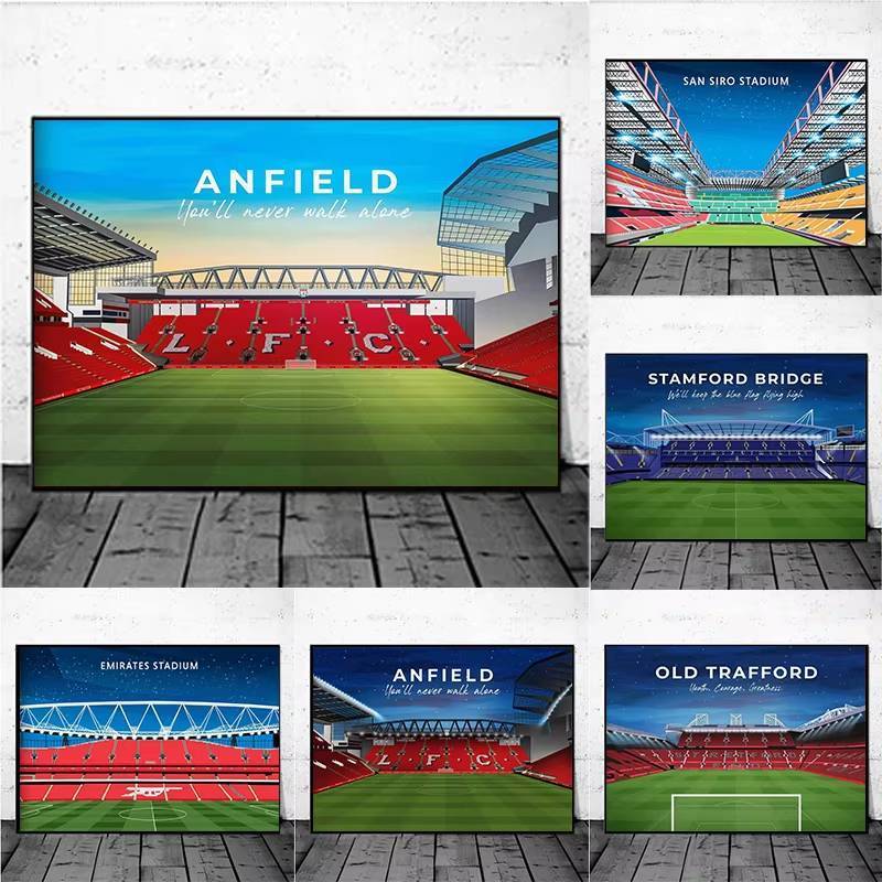 กีฬาที่มีชื่อเสียงระดับโลก Liverpool Enfield Stadium Arsenal Stadium Old Trafford Stadium โปสเตอร์ W