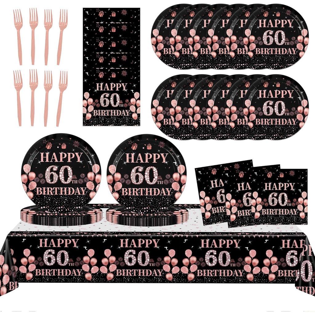 ตกแต่งวันเกิด 60th สําหรับผู้หญิง,61 ชิ้น Rose Gold 60th ตกแต่งวันเกิดบนโต๊ะอาหารรวม Happy 60th แผ่น