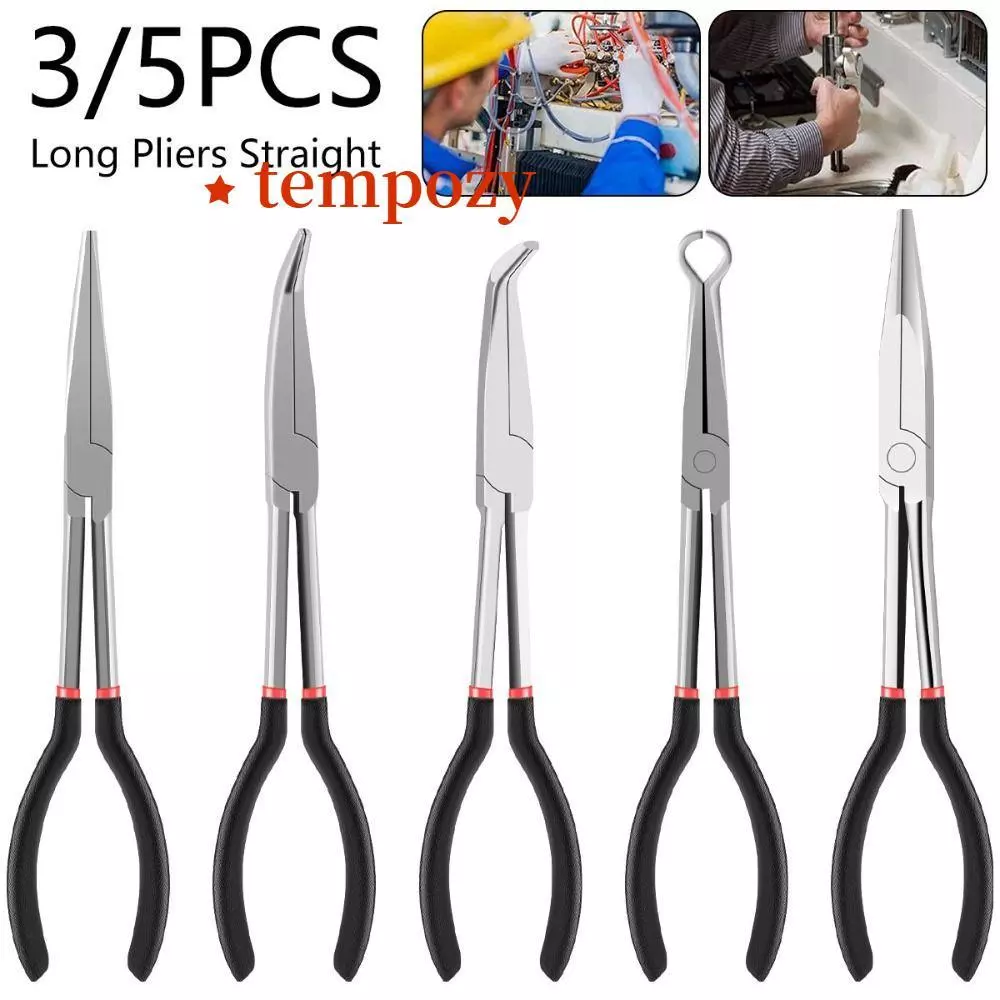 TEMPOZY คีมจมูกยาวเหล็กคาร์บอน 25/45/90 องศา Bent คีมตรง, ทนทานด้ามยาวคีมจมูกลื่นเครื่องมือมือ