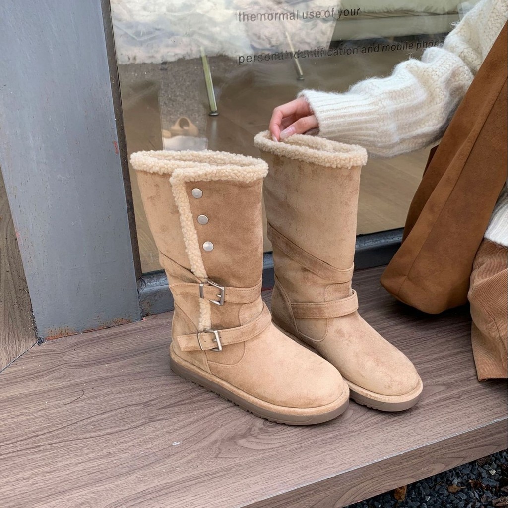 60366~หนา พื้นรองเท้า รองเท้าหิมะฝรั่งเศสรองเท้าผู้หญิง 2025 ฤดูใบไม้ร่วงฤดูหนาวที่อบอุ่นขนแกะซับรอง