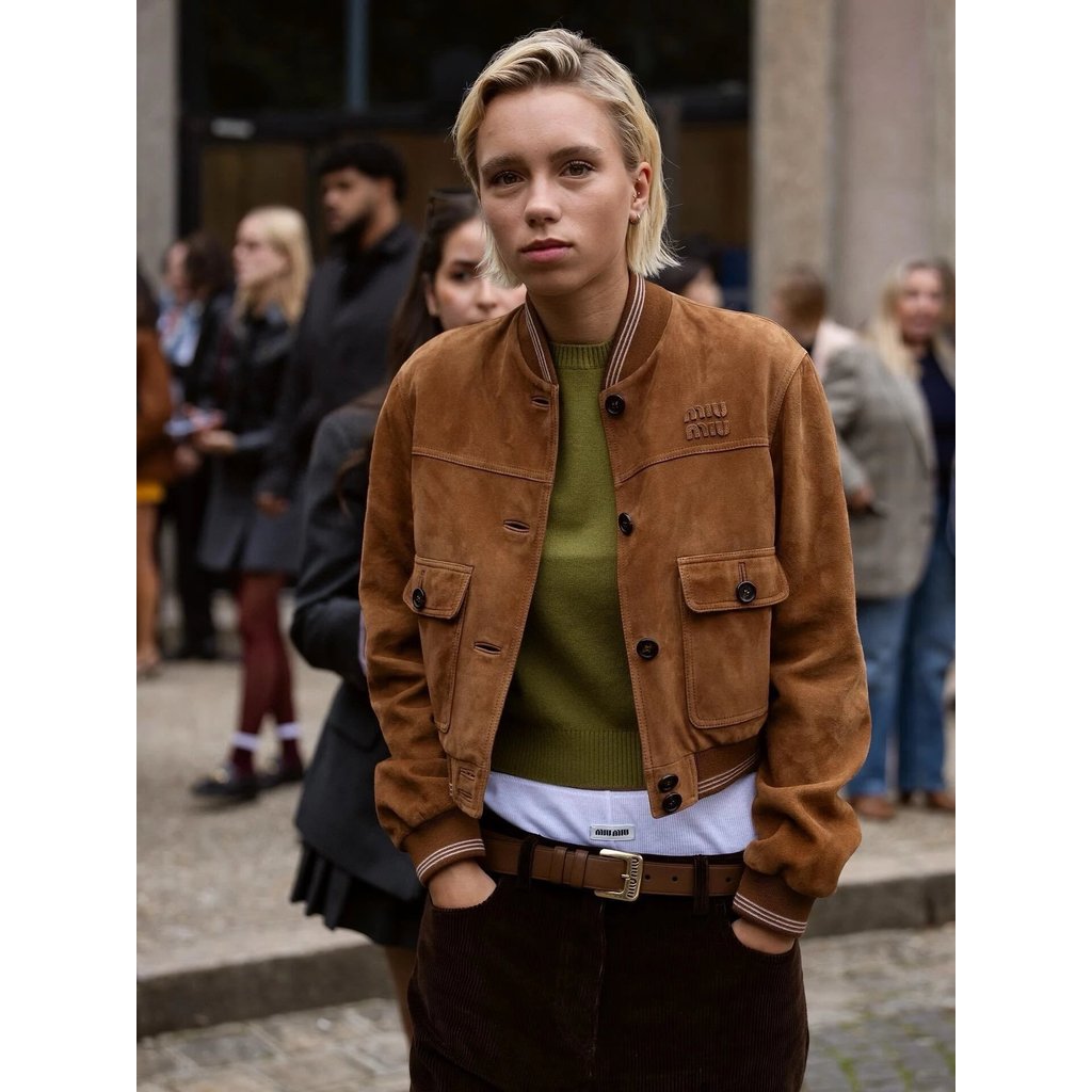 [Mumu.St] Miumi * Caramel Suede Short Bomber Jacket Three Standards All