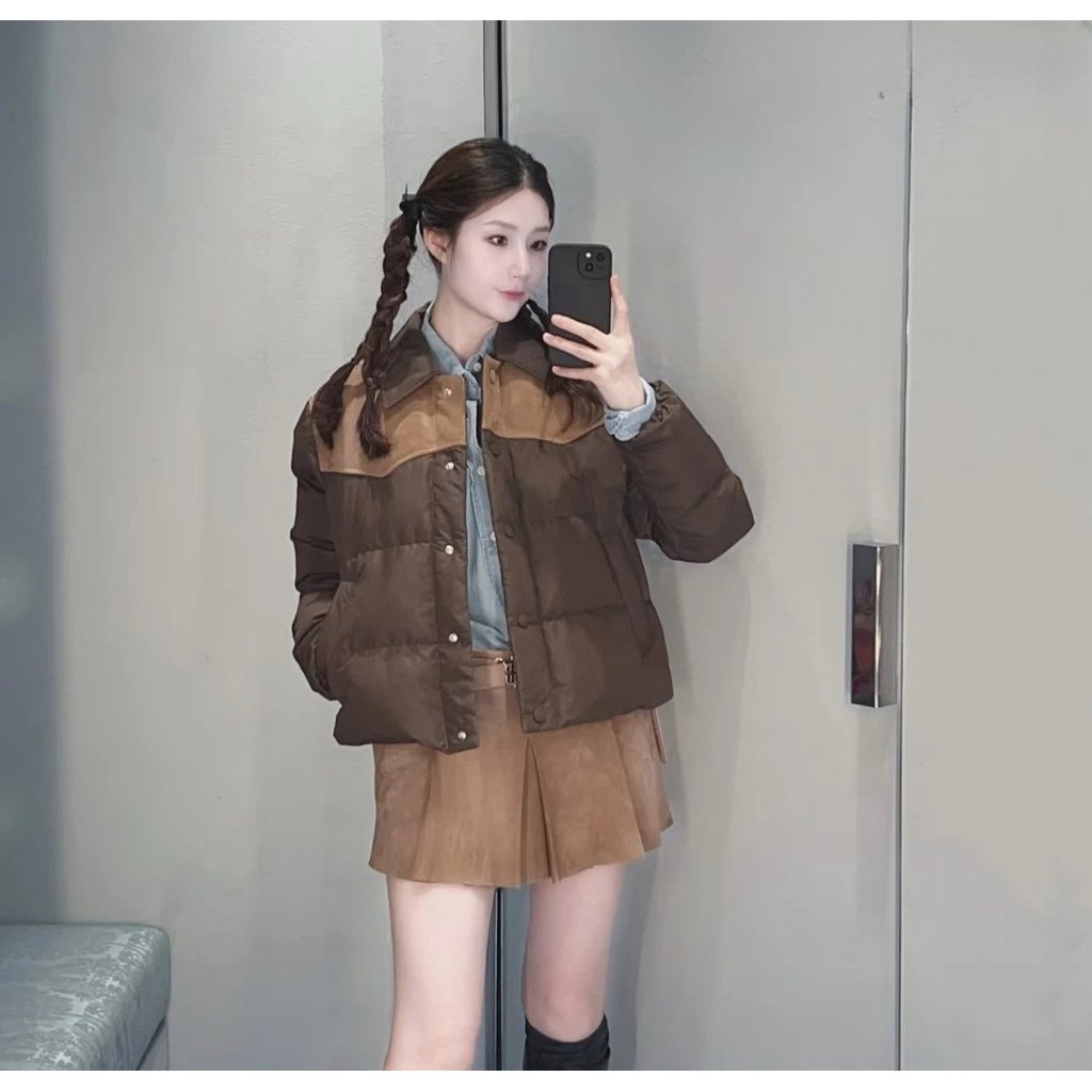 .丨 Miu High Dingxiu Style Suede Patchwork Down Jacket Jacket ของแท้ Suede Patchwork