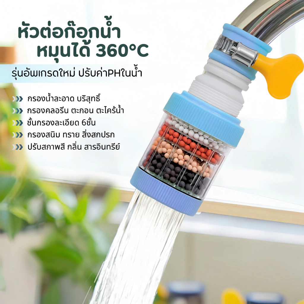 BLIVO หัวต่อก๊อกกรองน้ำหมุนได้ 360° ชั้นกรอง 6 ชั้น กรองน้ำสะอาด