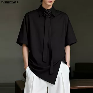 INCERUN ผู้ชายเกาหลี Elegant Casual Turn-Down-Collar 3D ดอกไม้ Tie Design แขนสั้น Slit Hem เสื้อ