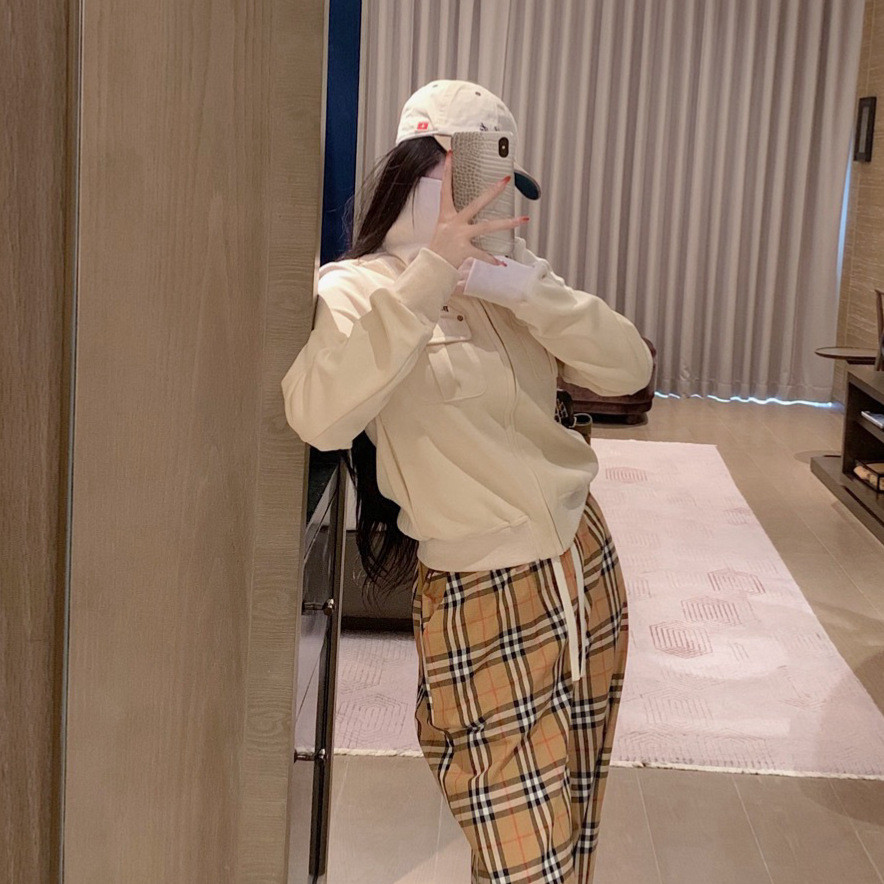 E9Z4 Bu‘’‘’y Stand Collar Sweatshirt Jacket Coat Plaid Collar Matching Design Versatile Workwear Sty