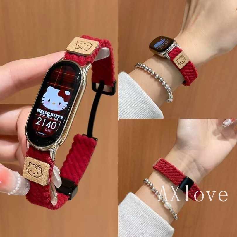 ฤดูหนาว Corduroy แม่เหล็กหัวเข็มขัดสําหรับ Xiaomi Mi Band 10 9 8 7 6 5 4 การ์ตูนแมวสายรัดข้อมือสําหร
