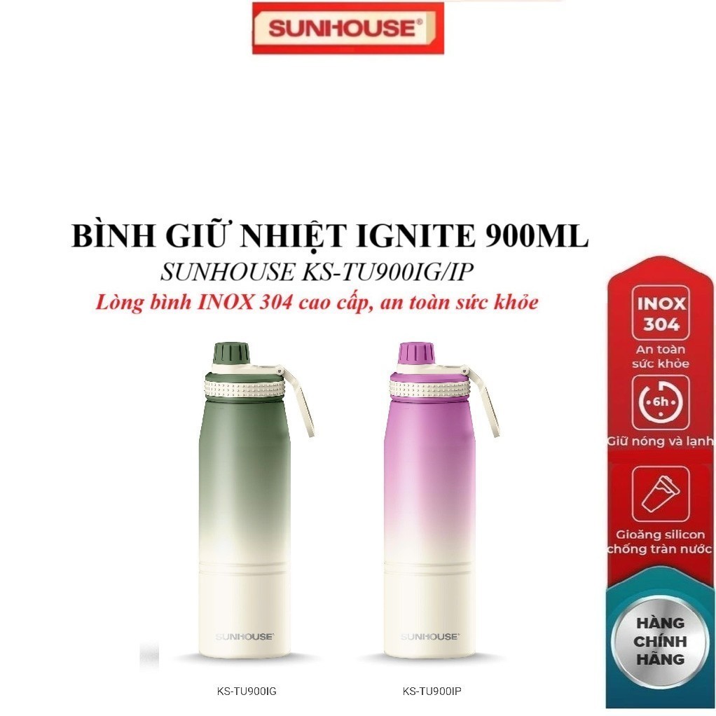 Sunhouse 900ml ขวดเก็บความร้อน Ignite KS-TU900IG/KS-TU900IP - สแตนเลส 304 - หูหิ้วพกพาสะดวก ความจุ 9