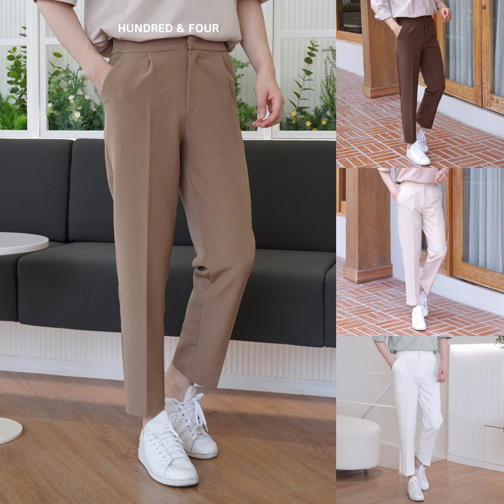 กางเกงขาเต่อ ผ้านิ่ม ทรงกระบอกเล็ก รุ่น CLASSIC PANTS สไตล์เกาหลี ผ้าดีพิเศษ ไม่ต้องรีด มีจีบหน้า HUNDRED&FOUR