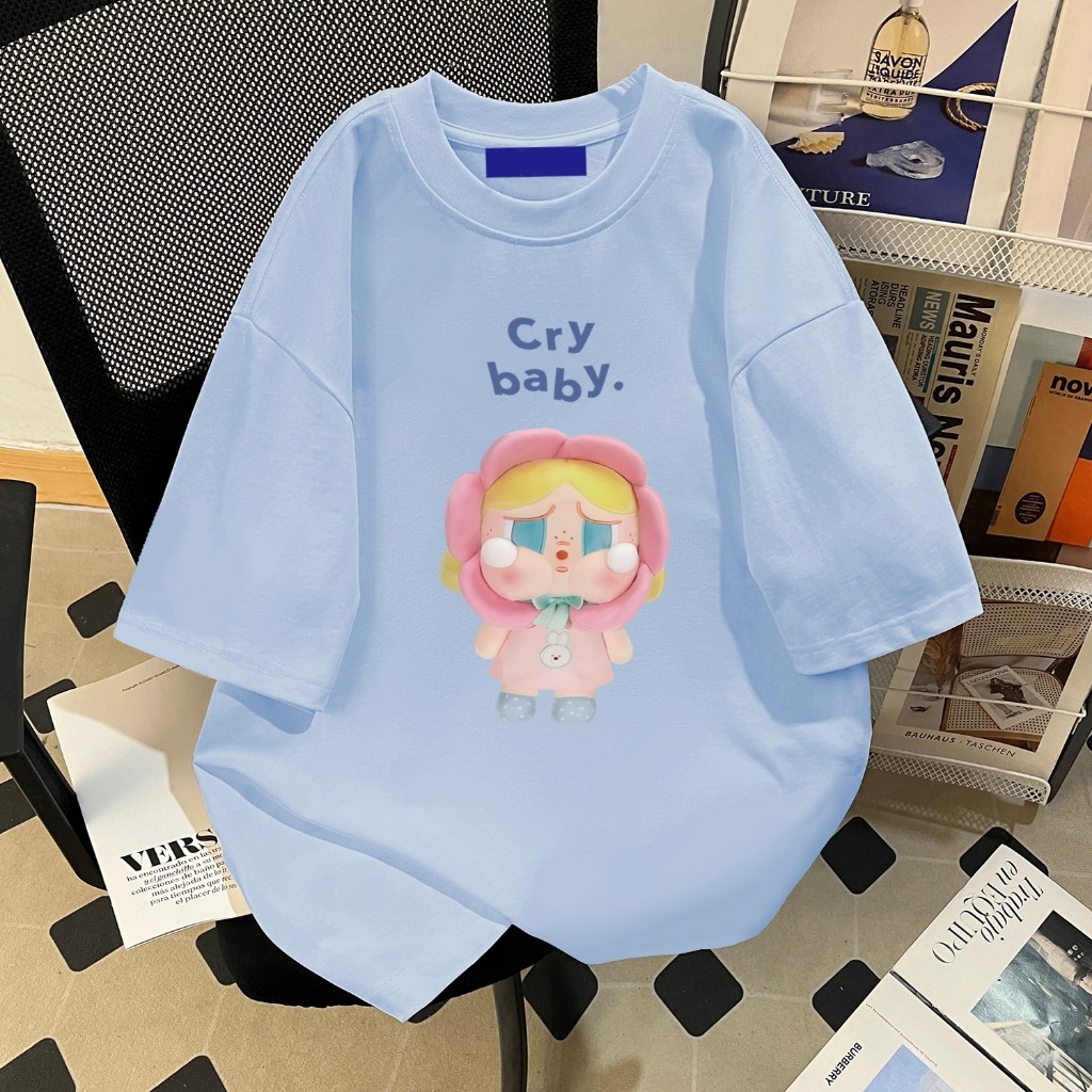 ครายเบบี้ เสื้อยืดสีฟ้า โอเวอร์ไซส์ ลายการ์ตูนน่ารักหลวม สไตล์เกาหลี COD 12.27