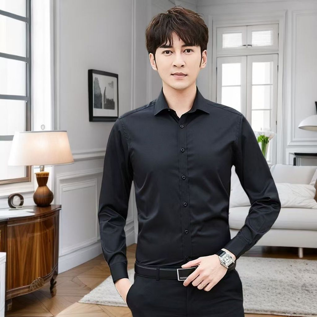 เสื้อเชิ้ตแขนยาวผู้ชายคลาสสิกสีขาวผู้ชายเกาหลีลําลองแฟชั่นธุรกิจเสื้อโปโลอย่างเป็นทางการ M-3XL