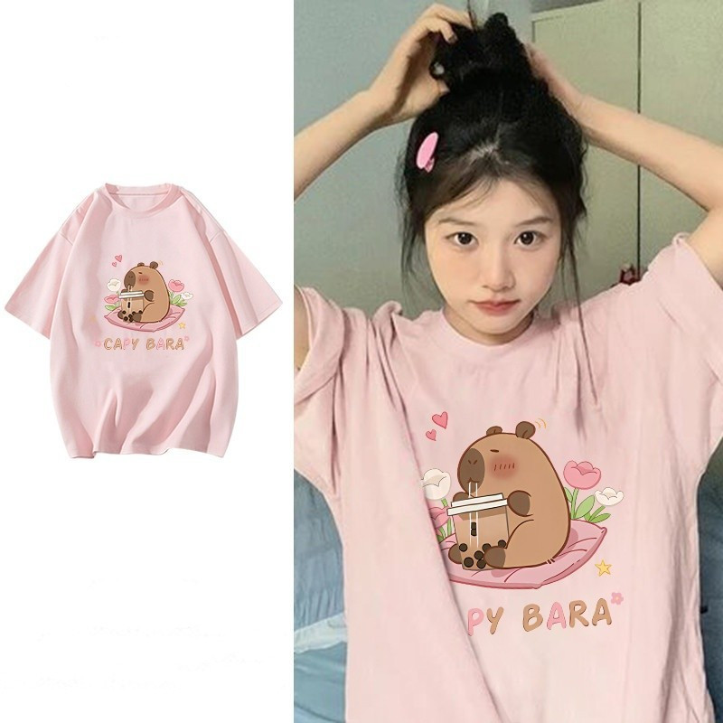 2026 เกาหลีใต้220G ผ้าฝ้าย 100%SI การ์ตูน Capybara พิมพ์ผู้หญิง Tees ผู้หญิง Baggy คอรอบ Oversize OO