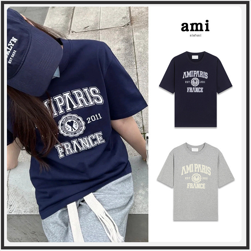 2026 ami 2025 ฤดูใบไม้ผลิฤดูร้อนสไตล์ใหม่ป้ายผู้ชายผู้หญิงสไตล์เดียวกันผ้าฝ้ายแท้ด้านบนรอบคอสาวร้อนส
