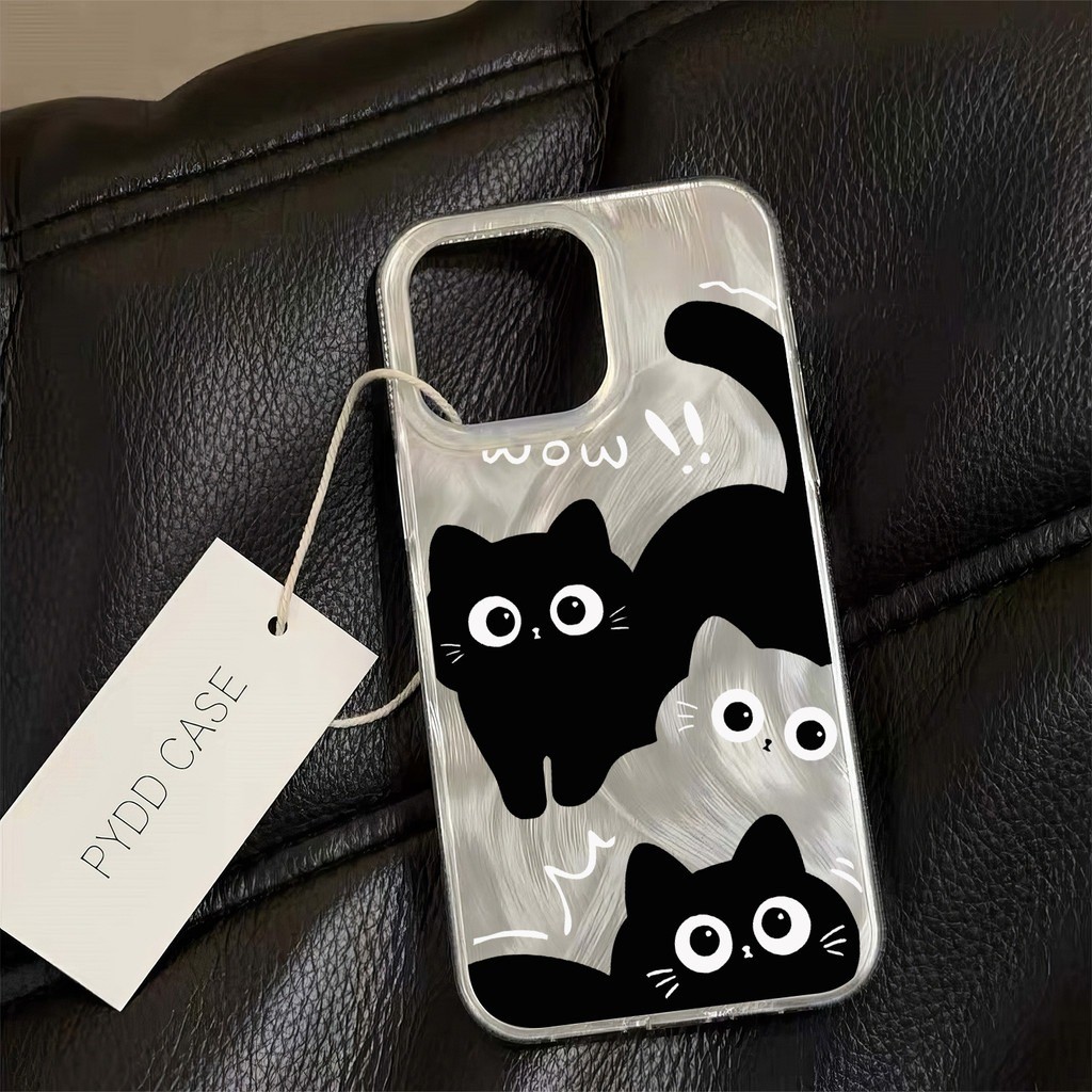 เส้นด้ายขนนกสีเงิน สวยมาก ส่งจากไทย ลูกแมวใสสีดำ for iPhone 16 15 14 plus เคสไอโฟน 13 12 11 PRO MAX X XS MAX XR 7/